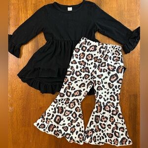 Leopard Bell Bottom Outfit Set—Girl 4T | Black Ruffle High-Low Top & Flare Pants